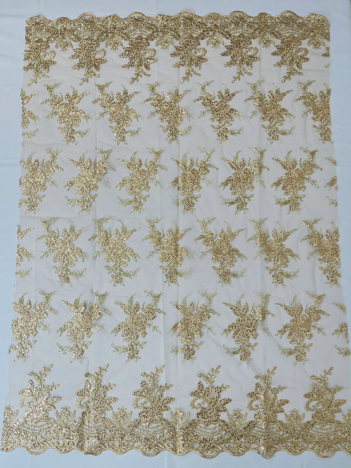 Floral Plant Lace Fabric - Metallic Champagne - Flower Plant Design Lace Sequins Fabric Sold By Yard