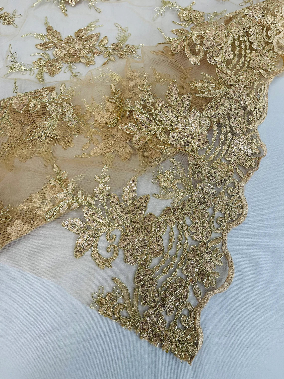 Floral Plant Lace Fabric - Metallic Champagne - Flower Plant Design Lace Sequins Fabric Sold By Yard