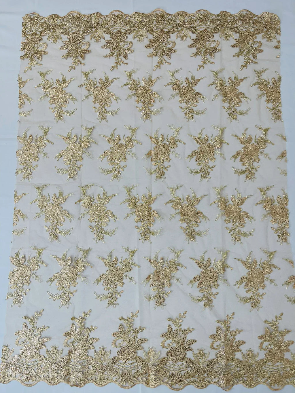 Floral Plant Lace Fabric - Metallic Champagne - Flower Plant Design Lace Sequins Fabric Sold By Yard