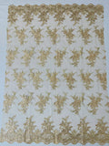 Floral Plant Lace Fabric - Metallic Champagne - Flower Plant Design Lace Sequins Fabric Sold By Yard