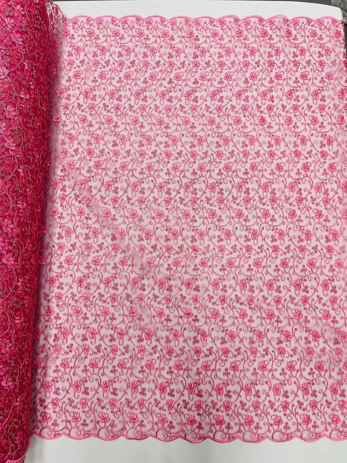 Metallic Floral Lace Fabric - Dusty Rose - Embroidered  Flower Design on Lace Mesh Fabric By Yard