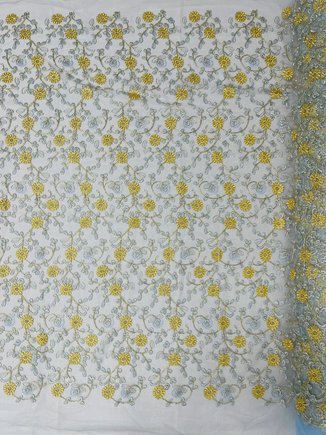Floral Lace Fabric - Metallic Gold Flowers With Blue Leaves Embroidered on Blue Tulle Sold By Yard