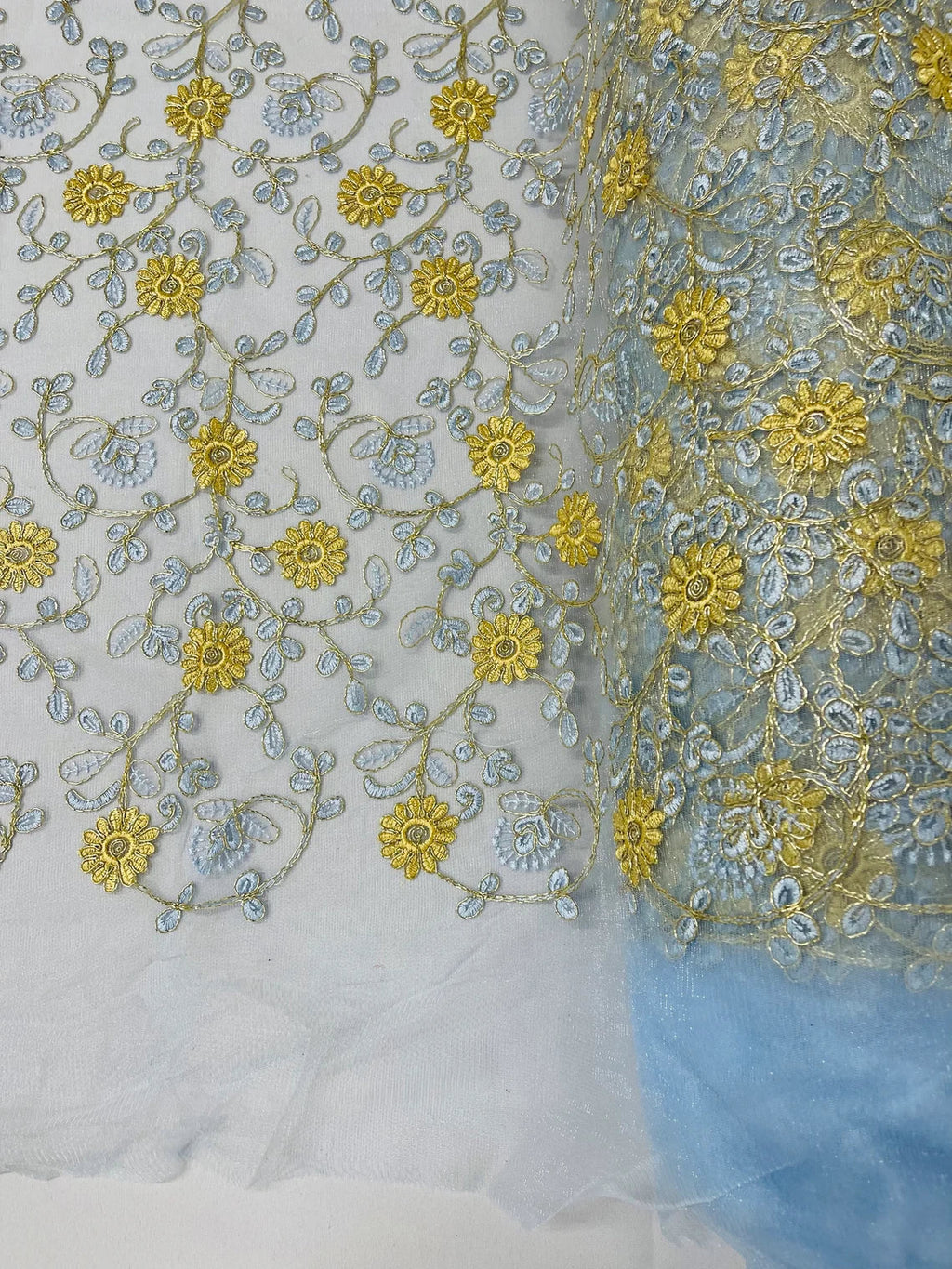 Floral Lace Fabric - Metallic Gold Flowers With Blue Leaves Embroidered on Blue Tulle Sold By Yard
