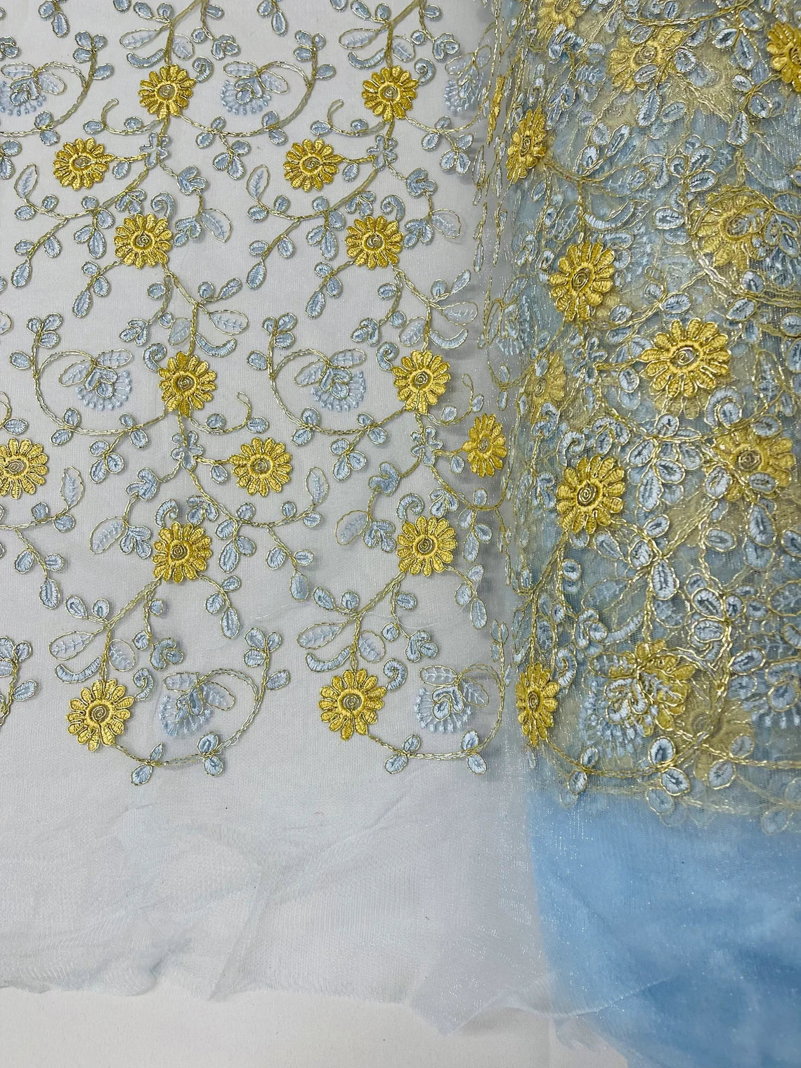 Floral Lace Fabric - Metallic Gold Flowers With Blue Leaves Embroidered on Blue Tulle Sold By Yard