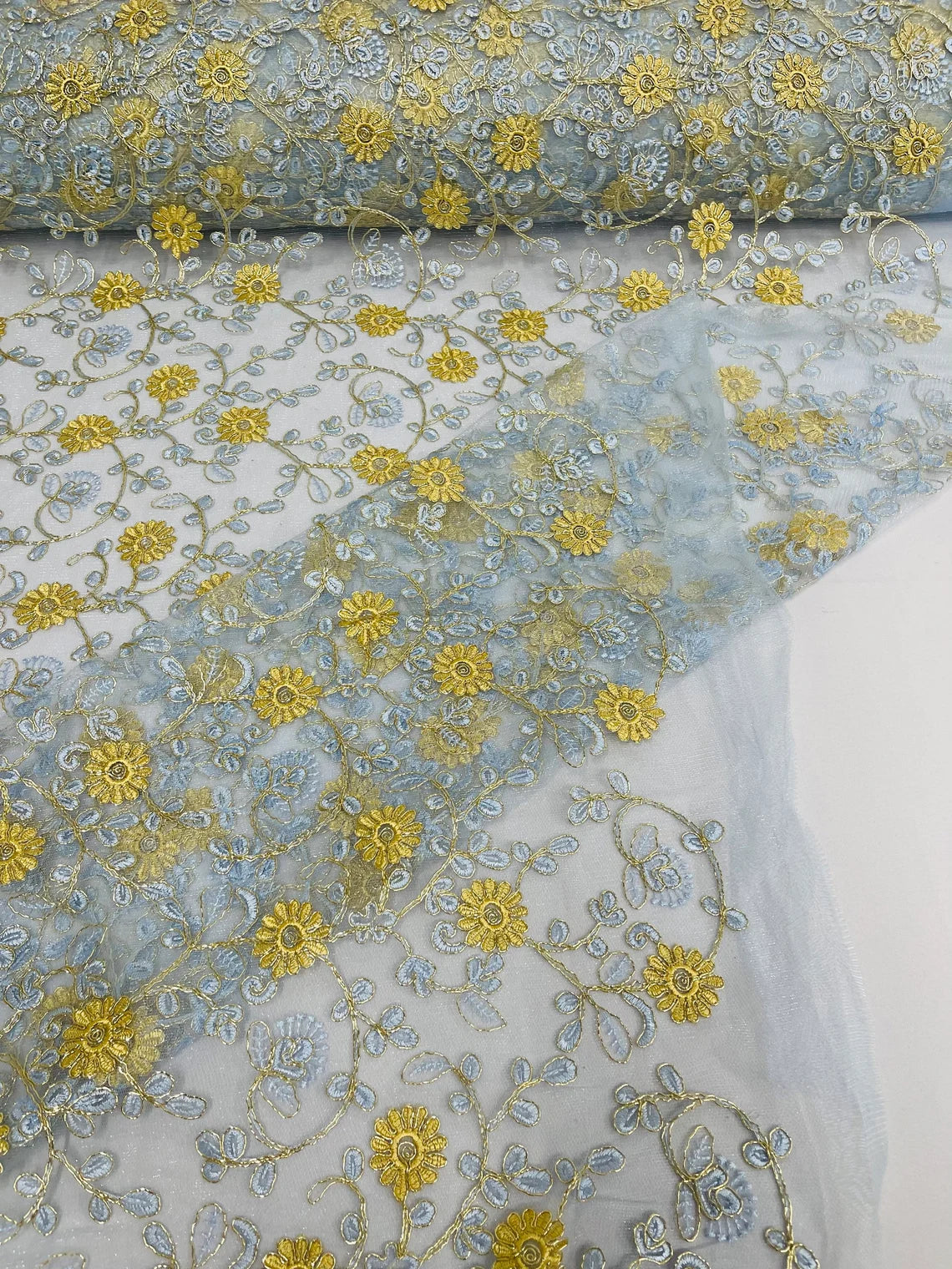 Floral Lace Fabric - Metallic Gold Flowers With Blue Leaves Embroidered on Blue Tulle Sold By Yard