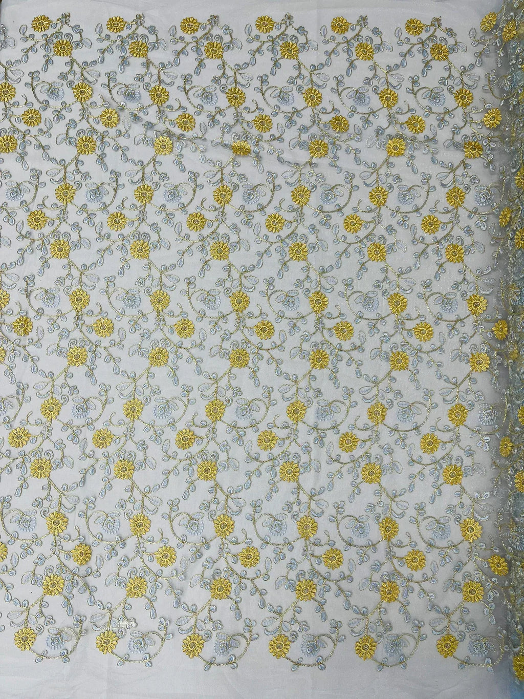 Floral Lace Fabric - Metallic Gold Flowers With Blue Leaves Embroidered on Blue Tulle Sold By Yard