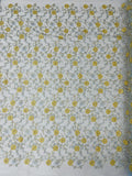 Floral Lace Fabric - Metallic Gold Flowers With Blue Leaves Embroidered on Blue Tulle Sold By Yard