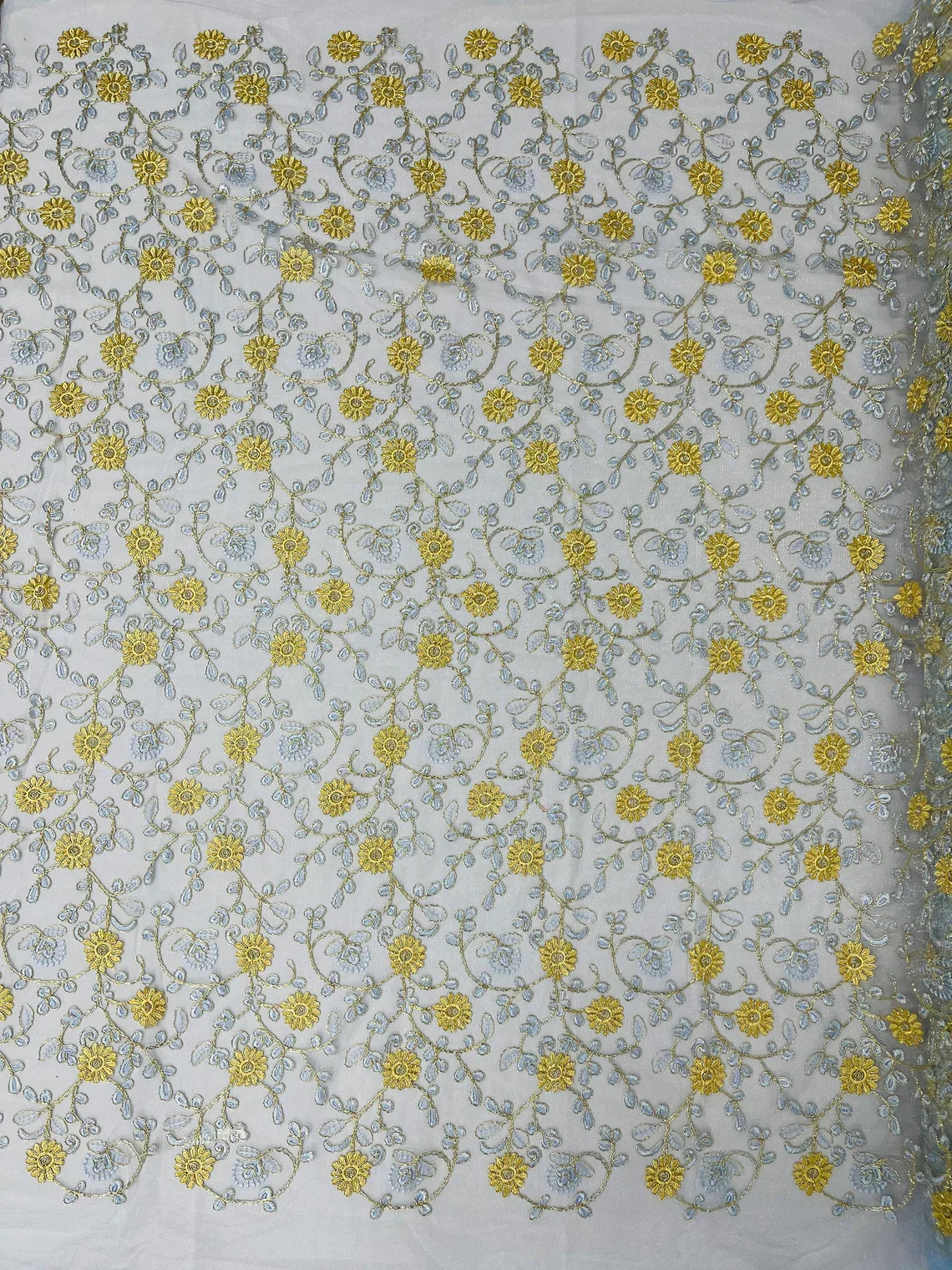 Floral Lace Fabric - Metallic Gold Flowers With Blue Leaves Embroidered on Blue Tulle Sold By Yard