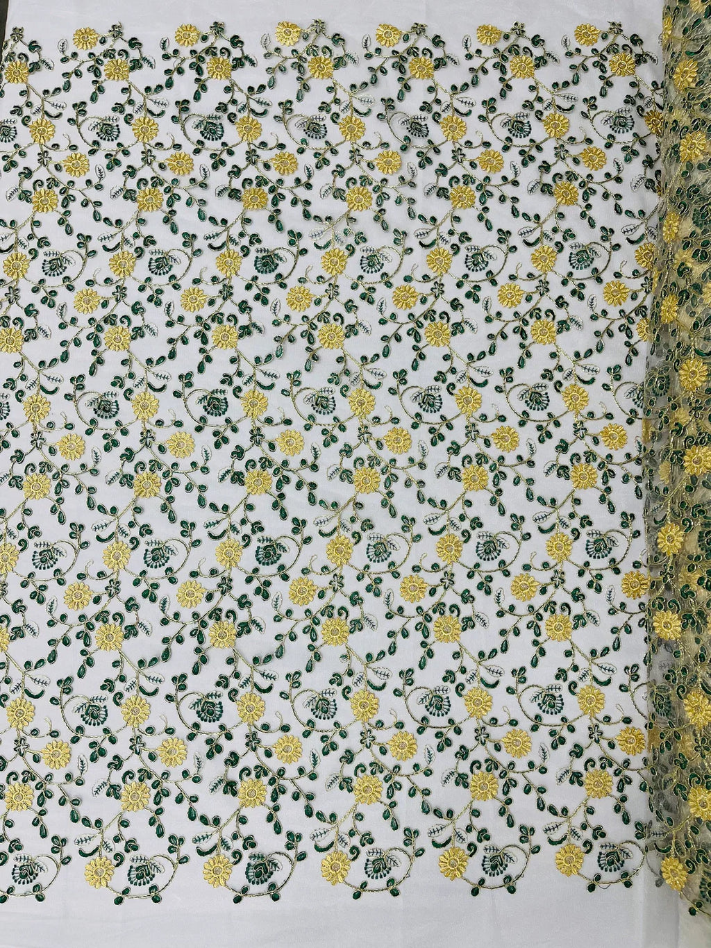 Floral Lace Fabric - Metallic Gold Flowers With Green Leaves Embroidered on White Tulle Sold By Yard