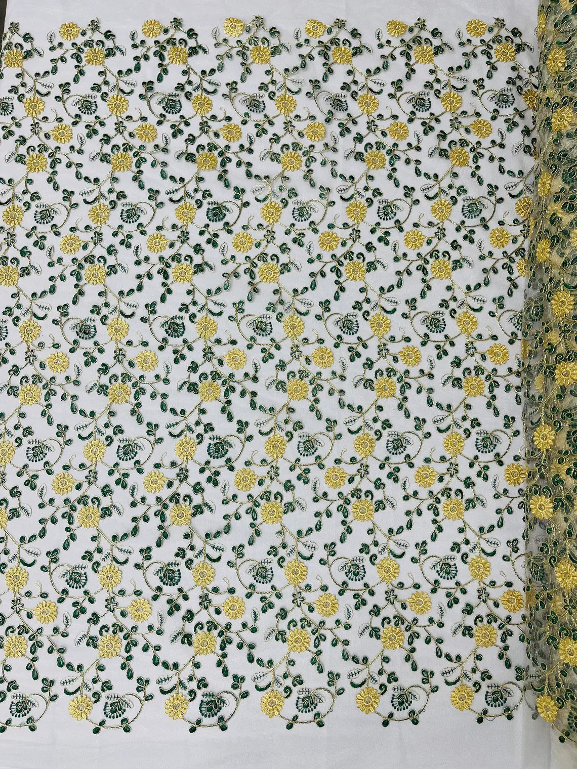 Floral Lace Fabric - Metallic Gold Flowers With Green Leaves Embroidered on White Tulle Sold By Yard