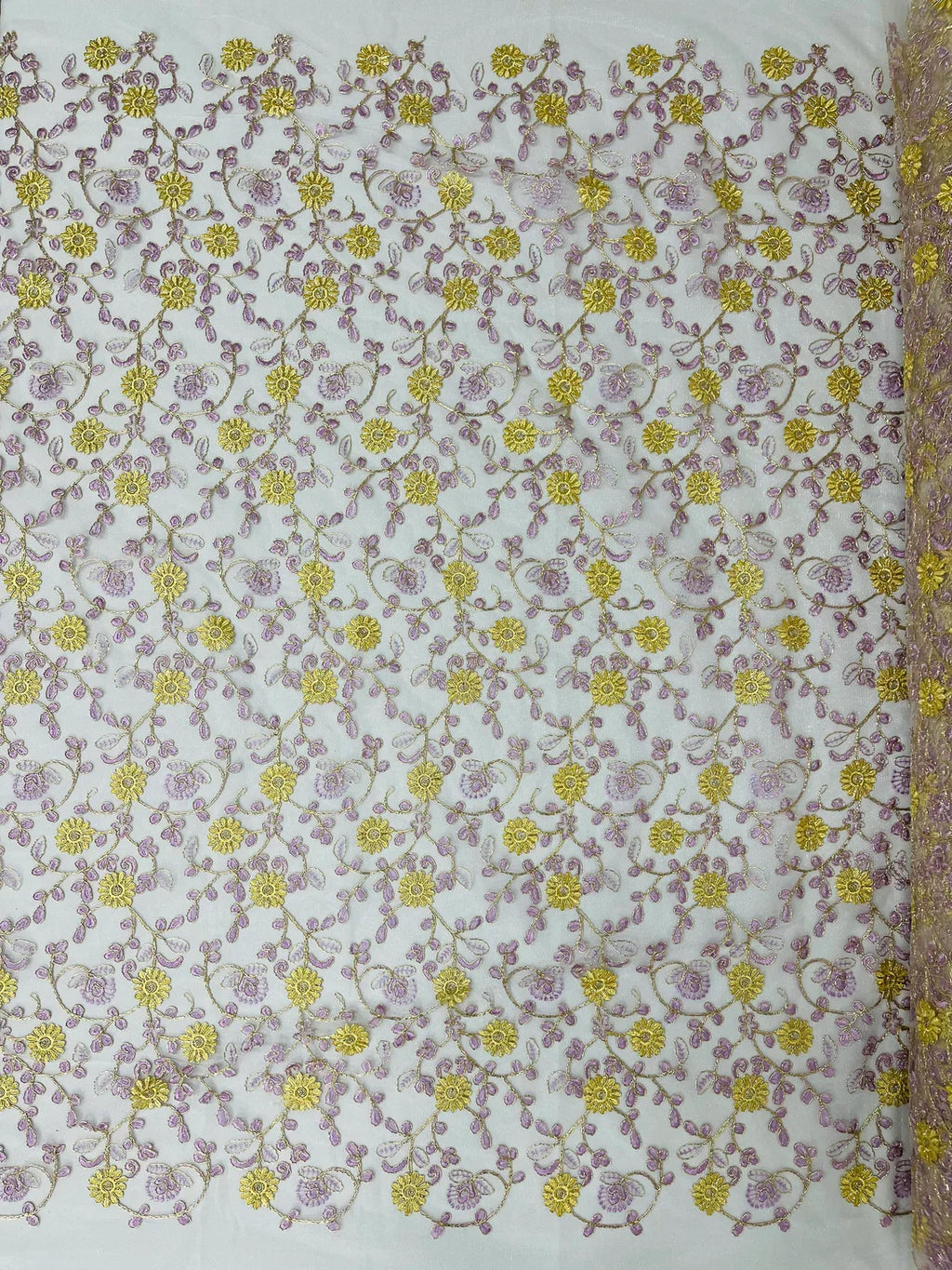 Floral Lace Fabric - Metallic Gold Flowers With Lilac Leaves Embroidered on White Tulle Sold By Yard