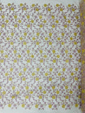 Floral Lace Fabric - Metallic Gold Flowers With Lilac Leaves Embroidered on White Tulle Sold By Yard