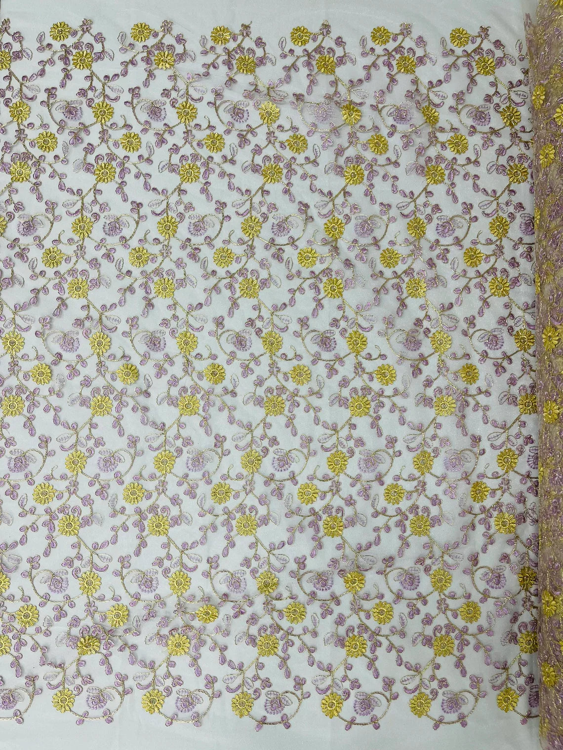 Floral Lace Fabric - Metallic Gold Flowers With Lilac Leaves Embroidered on White Tulle Sold By Yard