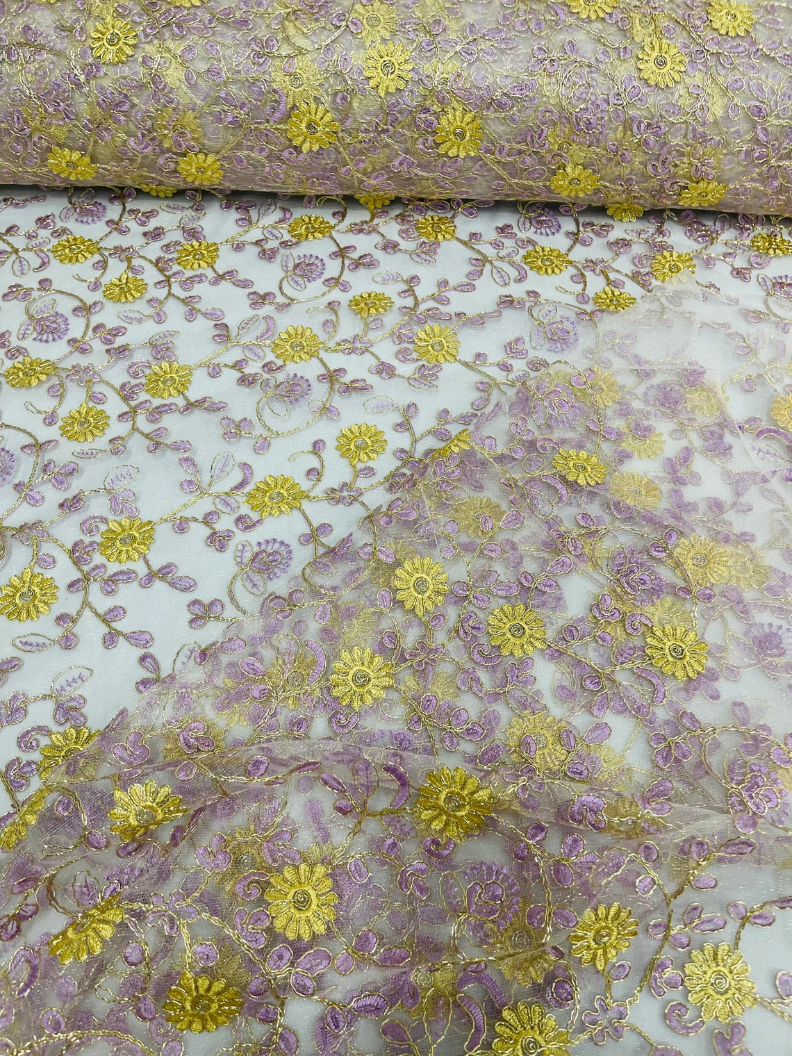 Floral Lace Fabric - Metallic Gold Flowers With Lilac Leaves Embroidered on White Tulle Sold By Yard