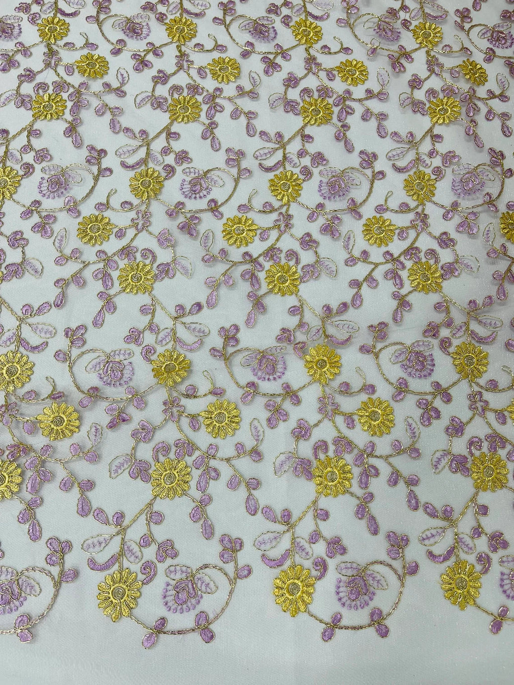 Floral Lace Fabric - Metallic Gold Flowers With Lilac Leaves Embroidered on White Tulle Sold By Yard