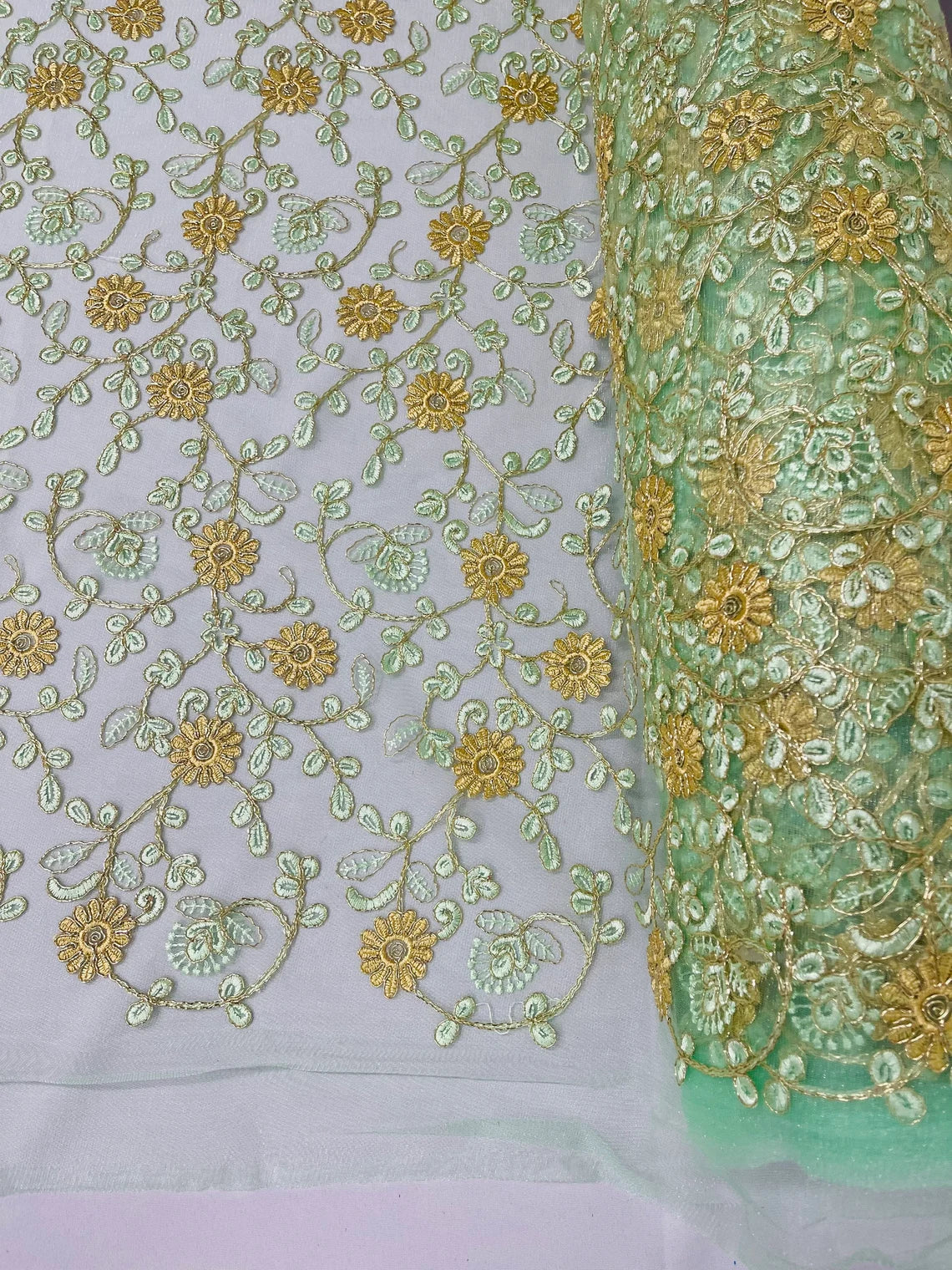 Floral Lace Fabric - Metallic Gold Flowers With Mint Leaves Embroidered on Mint Tulle Sold By Yard