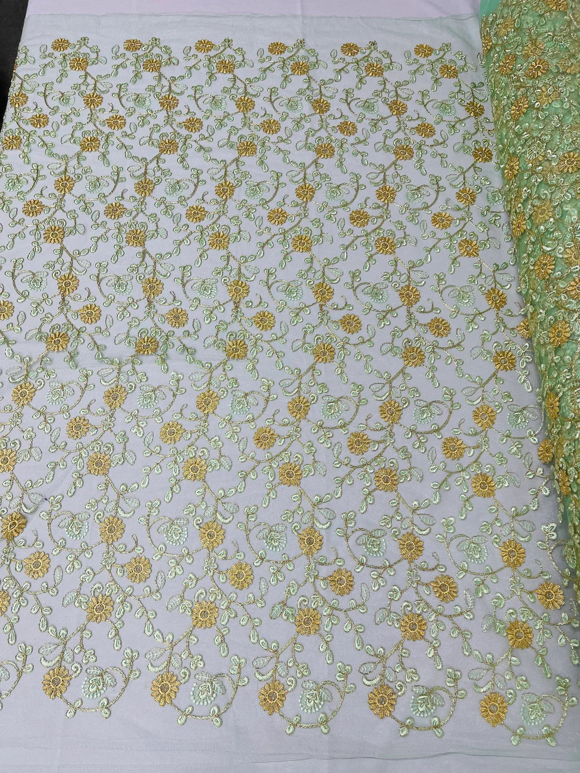 Floral Lace Fabric - Metallic Gold Flowers With Mint Leaves Embroidered on Mint Tulle Sold By Yard