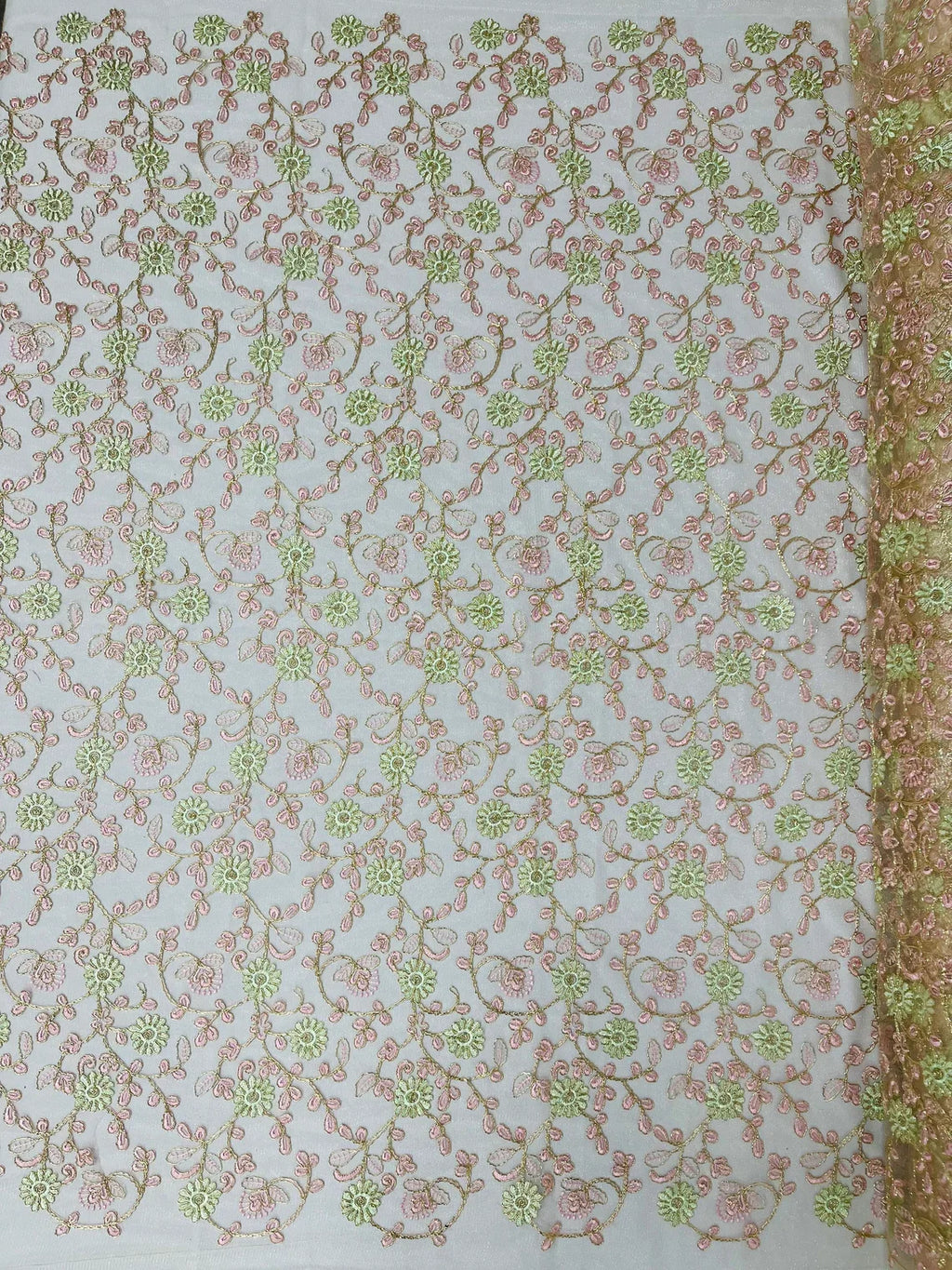 Floral Lace Fabric - Metallic Gold Flowers With Pink Leaves Embroidered on Ivory Tulle Sold By Yard