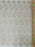 Floral Lace Fabric - Metallic Gold Flowers With Pink Leaves Embroidered on Ivory Tulle Sold By Yard