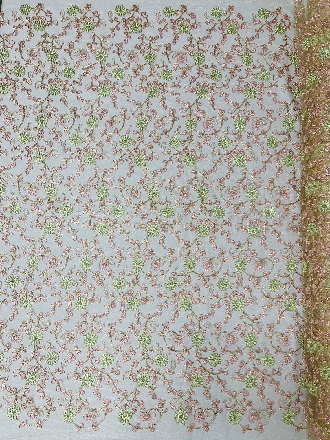 Floral Lace Fabric - Metallic Gold Flowers With Pink Leaves Embroidered on Ivory Tulle Sold By Yard