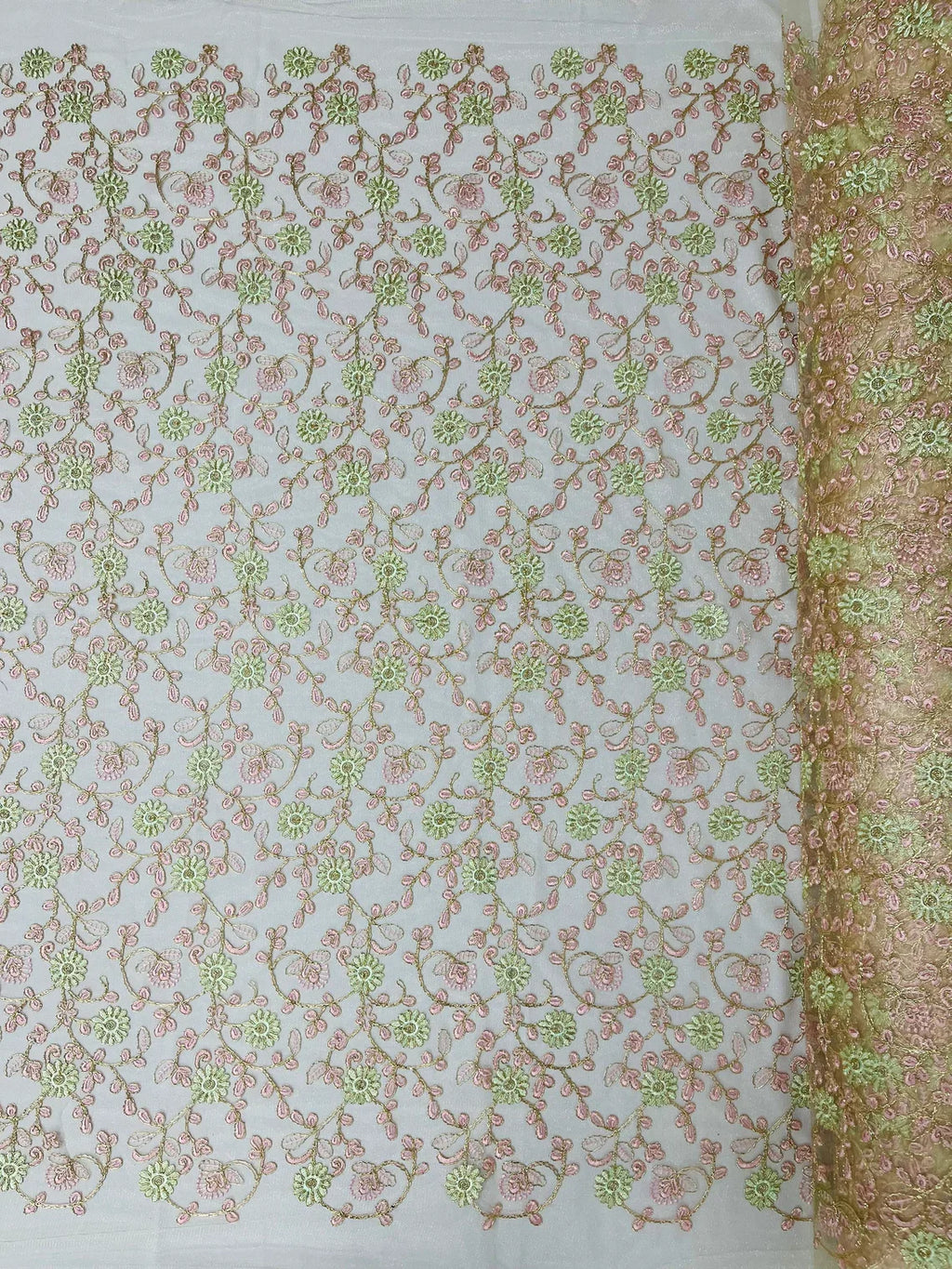 Floral Lace Fabric - Metallic Gold Flowers With Pink Leaves Embroidered on Ivory Tulle Sold By Yard