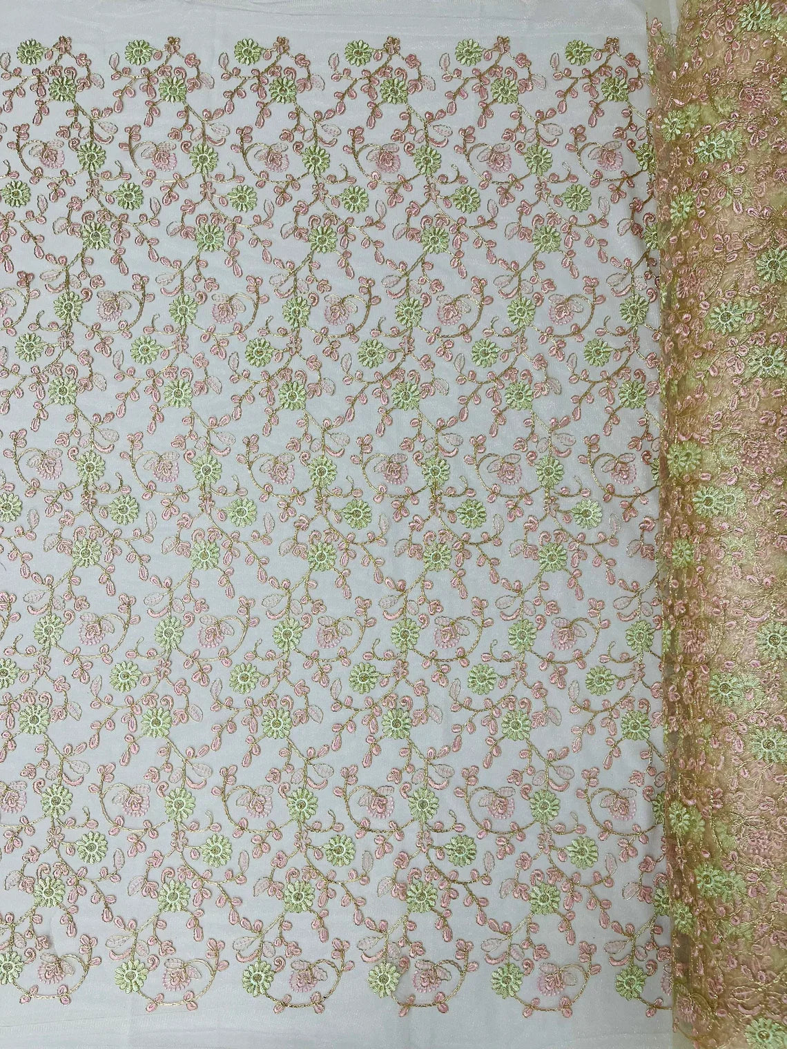 Floral Lace Fabric - Metallic Gold Flowers With Pink Leaves Embroidered on Ivory Tulle Sold By Yard
