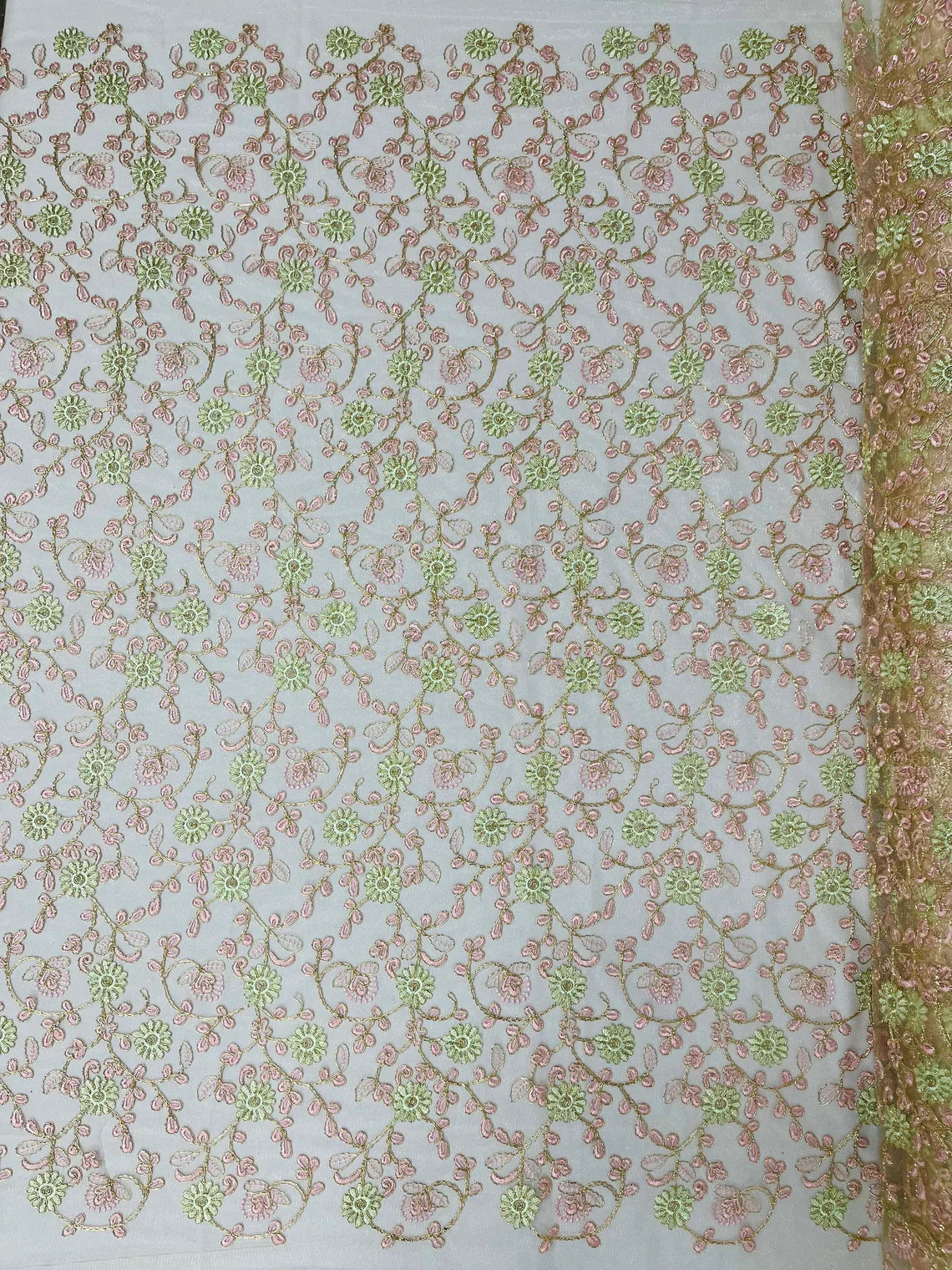Floral Lace Fabric - Metallic Gold Flowers With Pink Leaves Embroidered on Ivory Tulle Sold By Yard