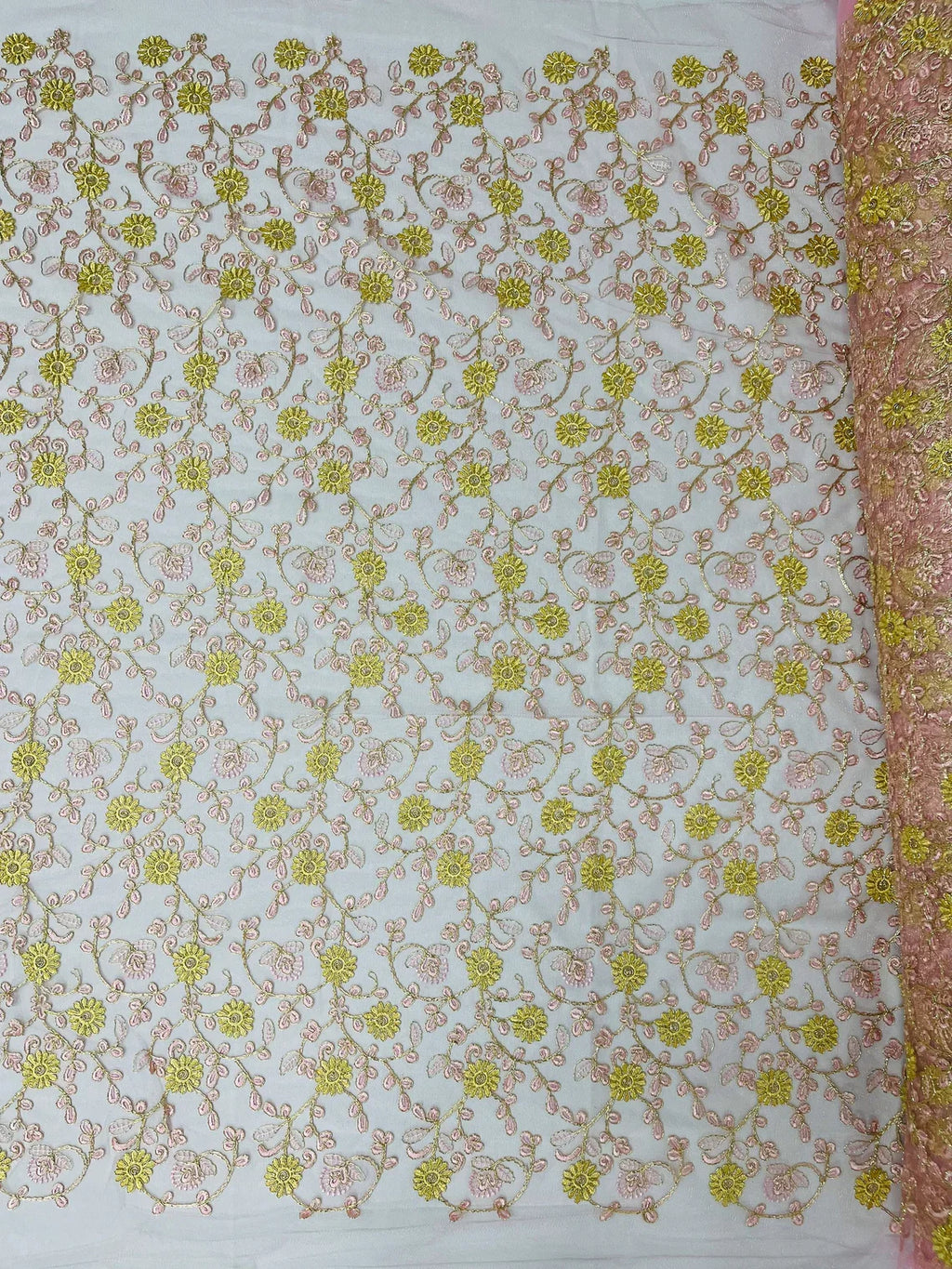 Floral Lace Fabric - Metallic Gold Flowers With Pink Leaves Embroidered on Pink Tulle Sold By Yard