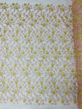 Floral Lace Fabric - Metallic Gold Flowers With Pink Leaves Embroidered on Pink Tulle Sold By Yard