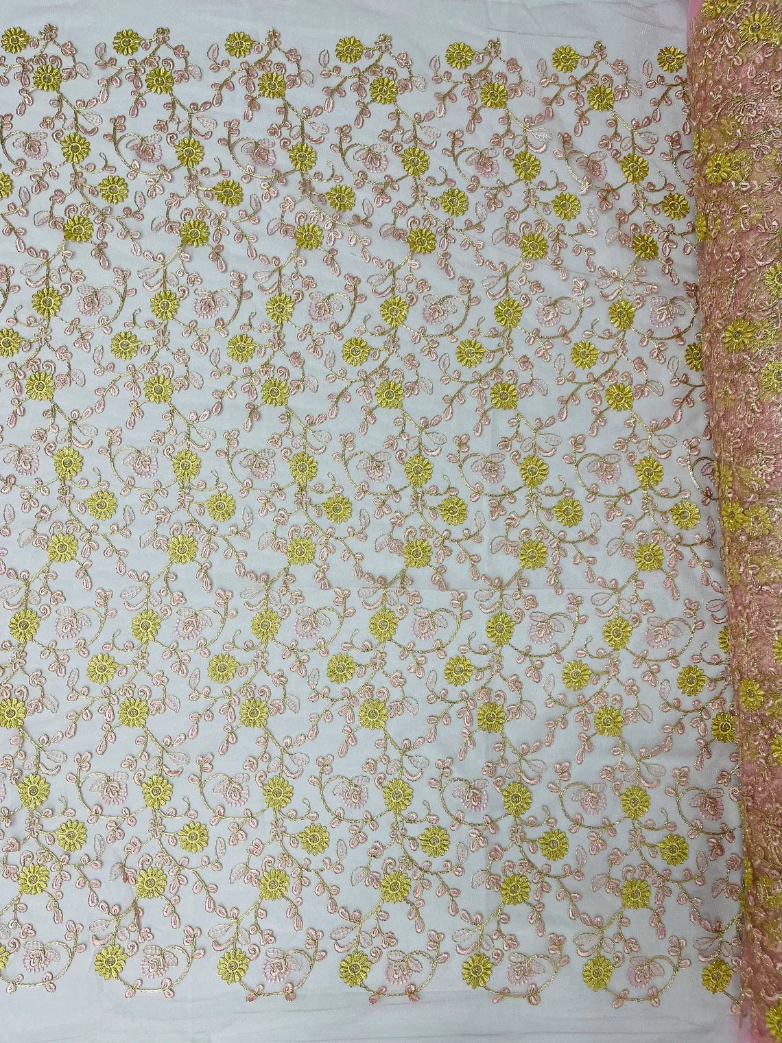 Floral Lace Fabric - Metallic Gold Flowers With Pink Leaves Embroidered on Pink Tulle Sold By Yard
