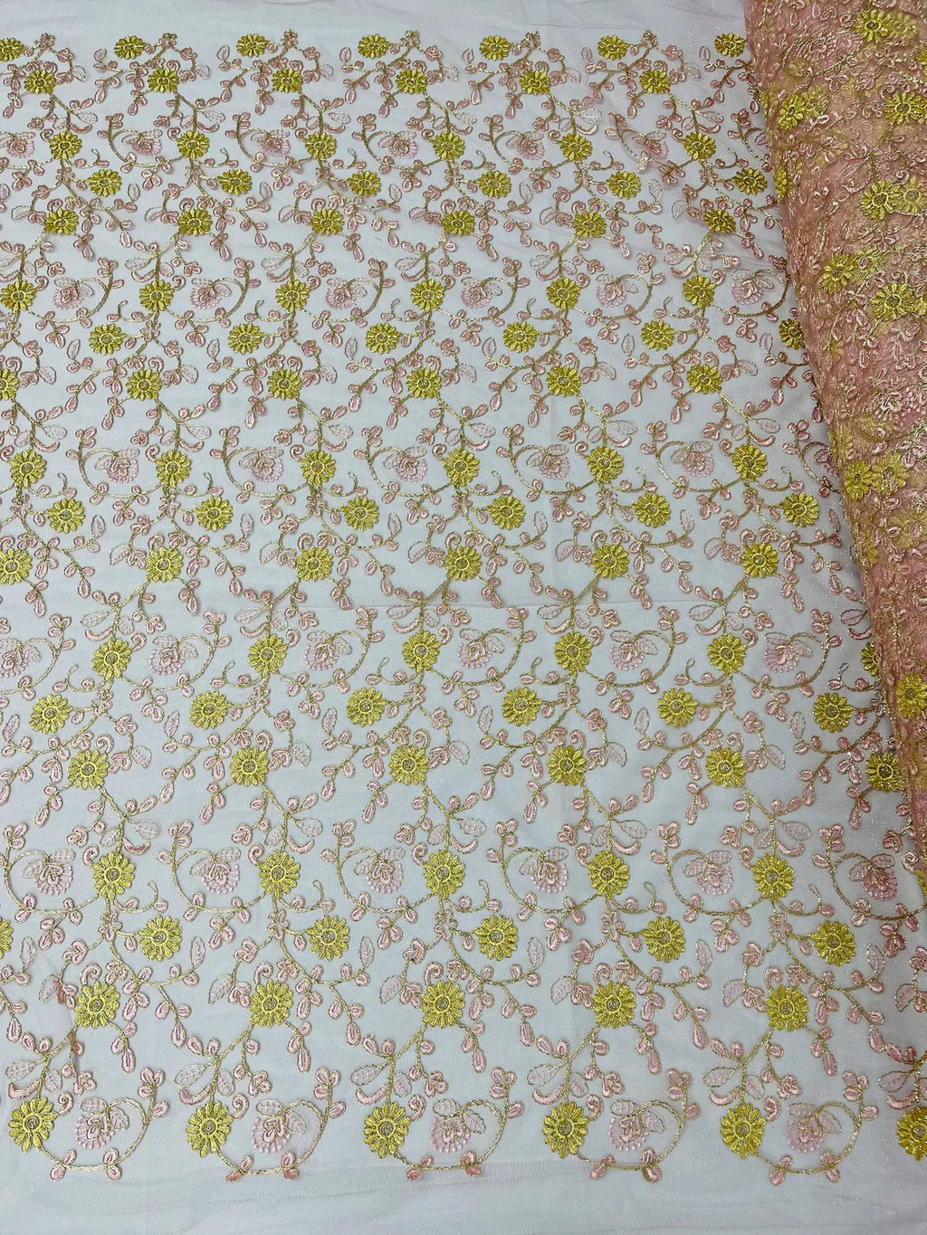 Floral Lace Fabric - Metallic Gold Flowers With Pink Leaves Embroidered on Pink Tulle Sold By Yard