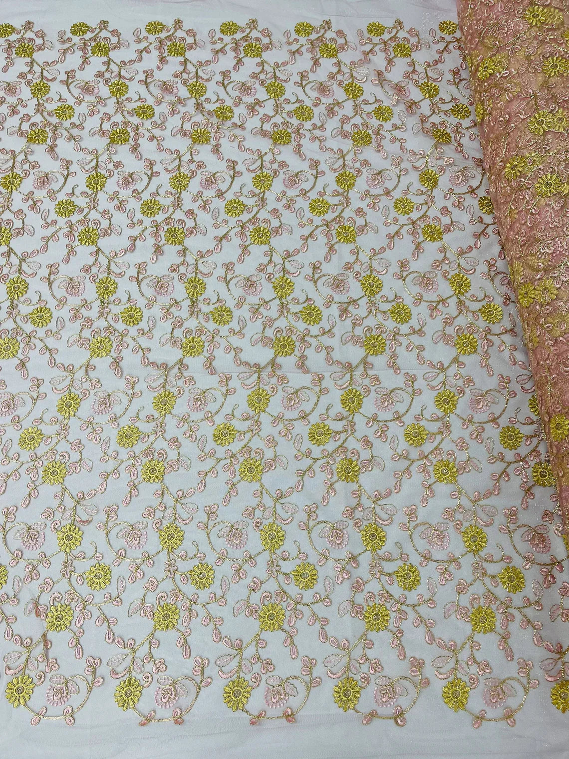 Floral Lace Fabric - Metallic Gold Flowers With Pink Leaves Embroidered on Pink Tulle Sold By Yard
