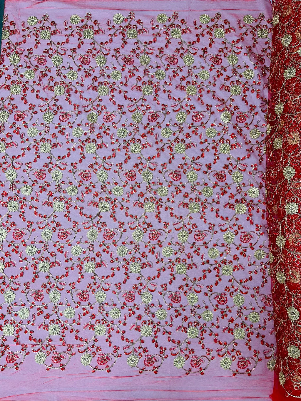 Floral Lace Fabric - Metallic Gold Flowers With Red Leaves Embroidered on Red Tulle Sold By Yard