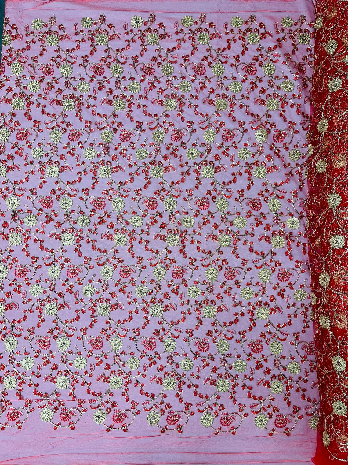 Floral Lace Fabric - Metallic Gold Flowers With Red Leaves Embroidered on Red Tulle Sold By Yard