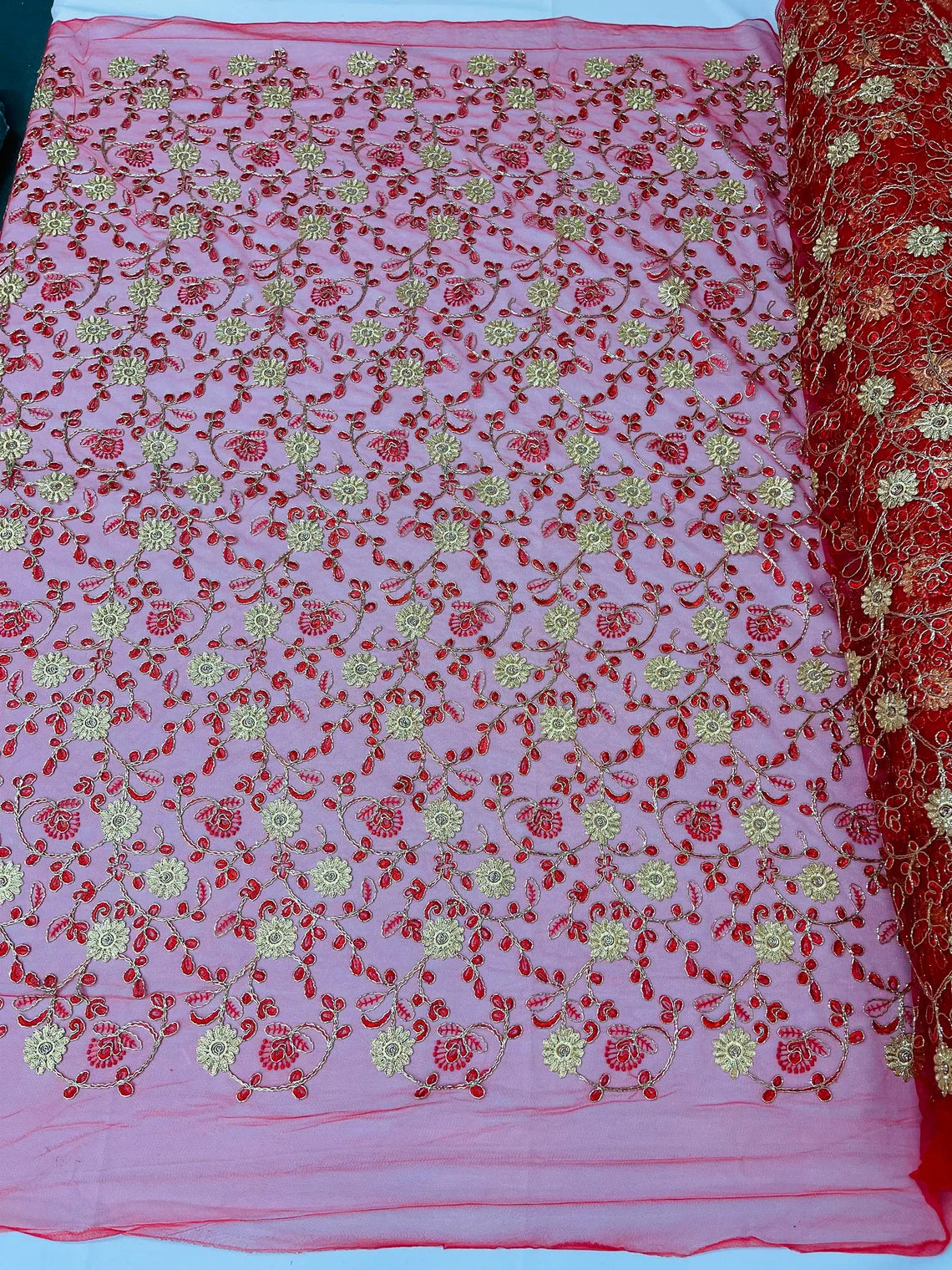 Floral Lace Fabric - Metallic Gold Flowers With Red Leaves Embroidered on Red Tulle Sold By Yard