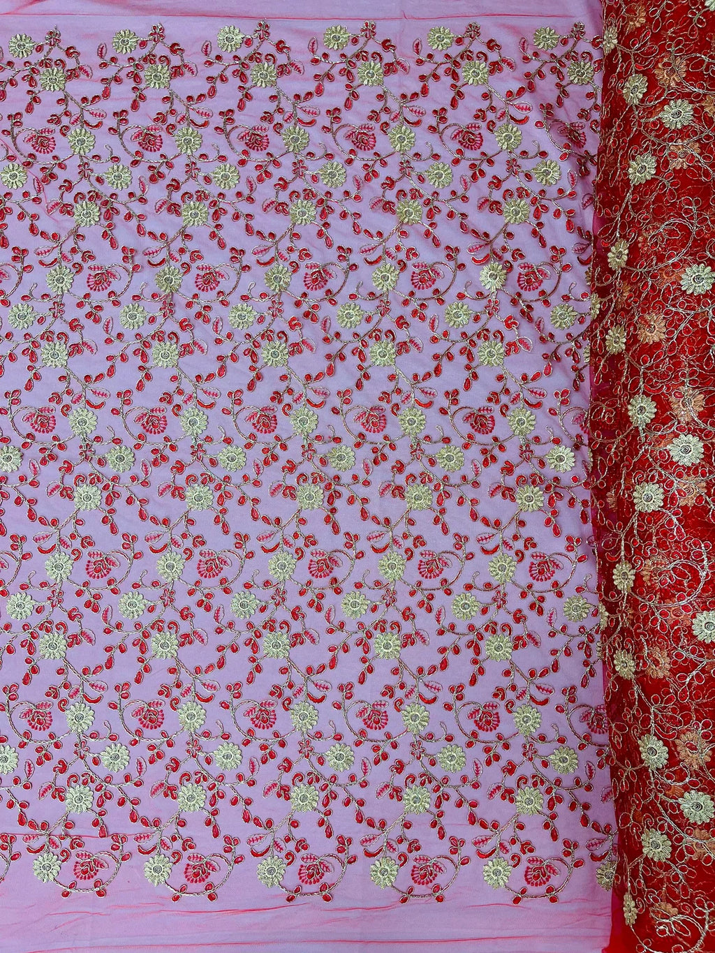 Floral Lace Fabric - Metallic Gold Flowers With Red Leaves Embroidered on Red Tulle Sold By Yard