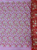 Floral Lace Fabric - Metallic Gold Flowers With Red Leaves Embroidered on Red Tulle Sold By Yard