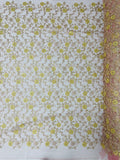 Floral Lace Fabric - Metallic Gold Flowers With Rose Leaves Embroidered Mauve Tulle Sold By Yard