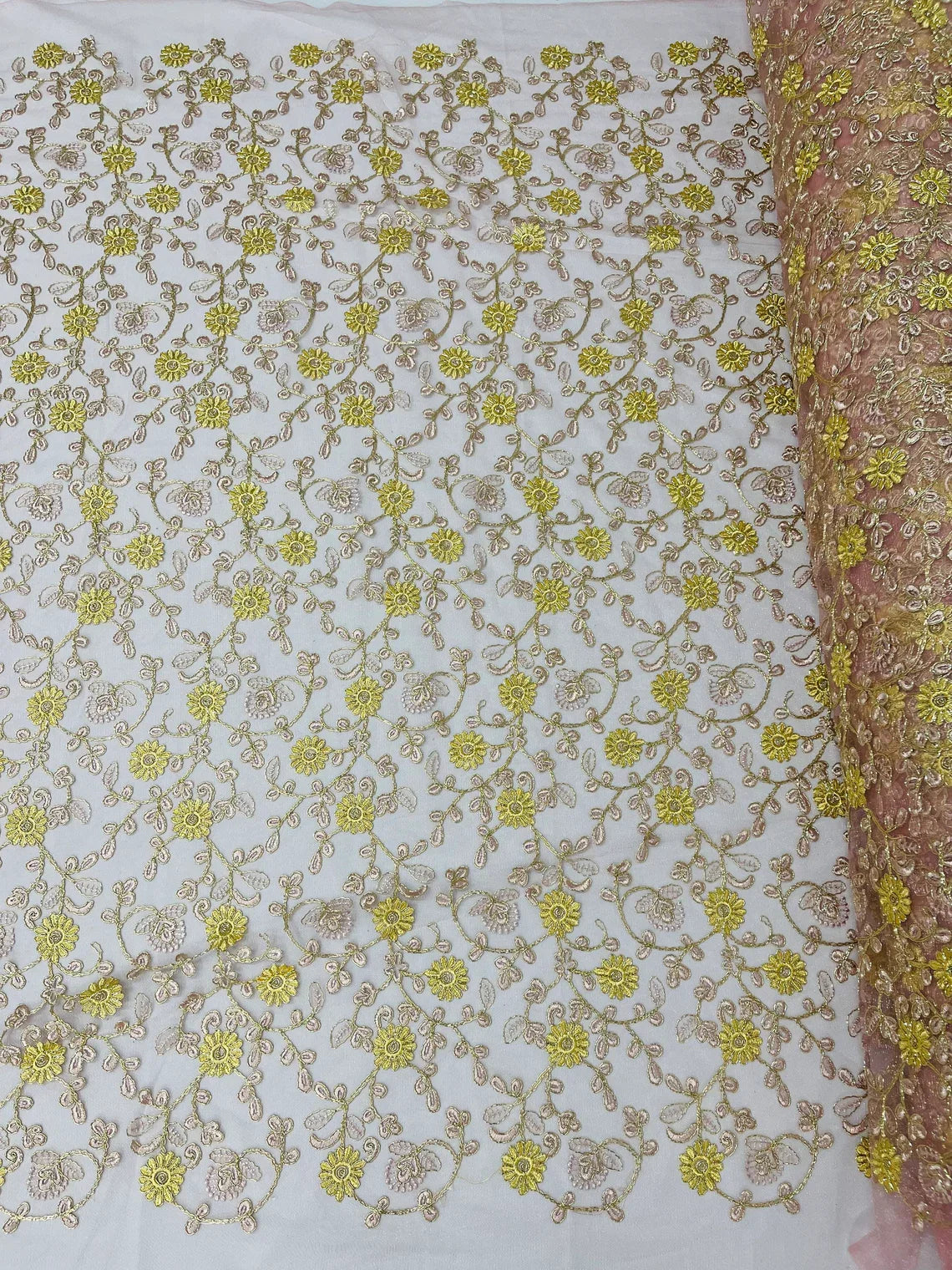 Floral Lace Fabric - Metallic Gold Flowers With Rose Leaves Embroidered Mauve Tulle Sold By Yard