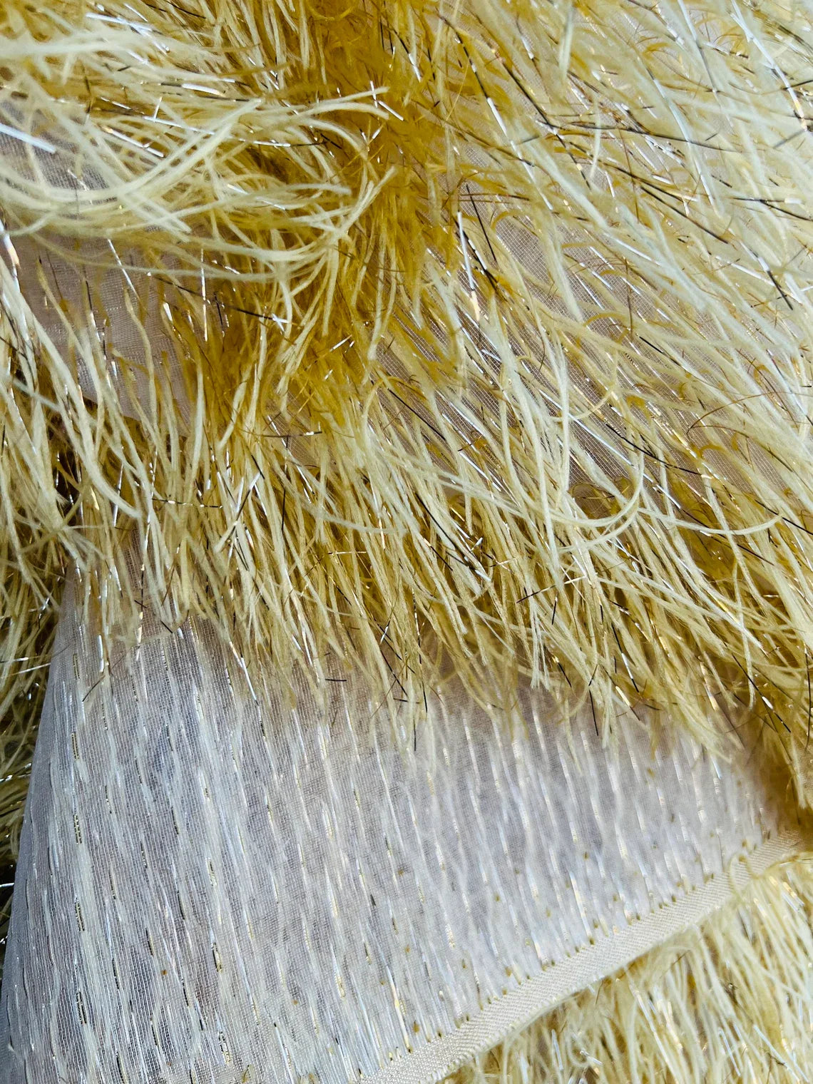 Metallic Eyelash Fabric - Gold - Feather/Eyelash/Fringe Design on Mesh By Yard