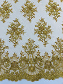 Floral Pearl Bead Fabric - Metallic Gold - Flower Design with Beads and Sequins Fabric Sold By Yard