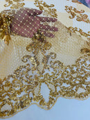 King Damask Design Fabric - Metallic Gold - Embroidered Corded Mesh Lace Fabric with Sequins By Yard