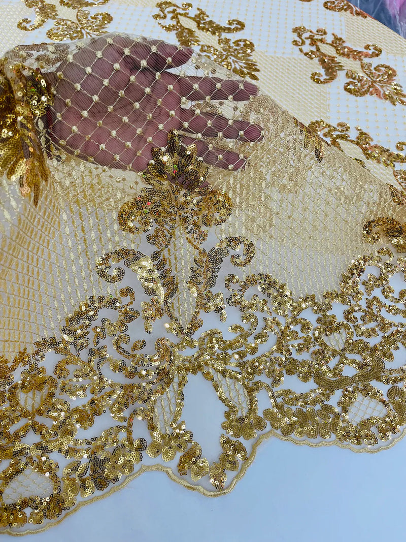 King Damask Design Fabric - Metallic Gold - Embroidered Corded Mesh Lace Fabric with Sequins By Yard