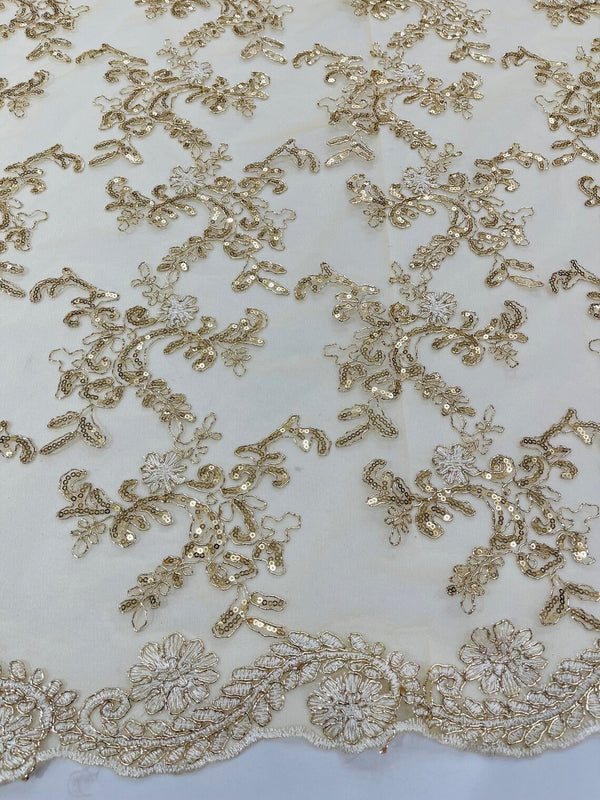 Floral Sequins Lace Fabric - Metallic Gold - Embroidery Flower Clusters Design with Shiny Sequins  Fabric Sold By Yard