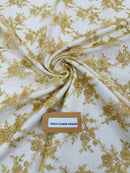 Embroidered Corded Lace Fabric - Metallic Gold - Cluster Fancy Flower Embroidered Lace Fabric By Yard