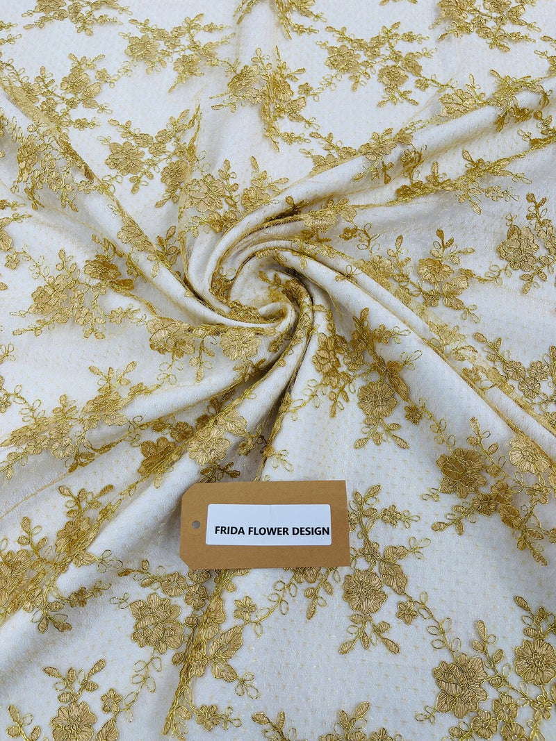 Embroidered Corded Lace Fabric - Metallic Gold - Cluster Fancy Flower Embroidered Lace Fabric By Yard