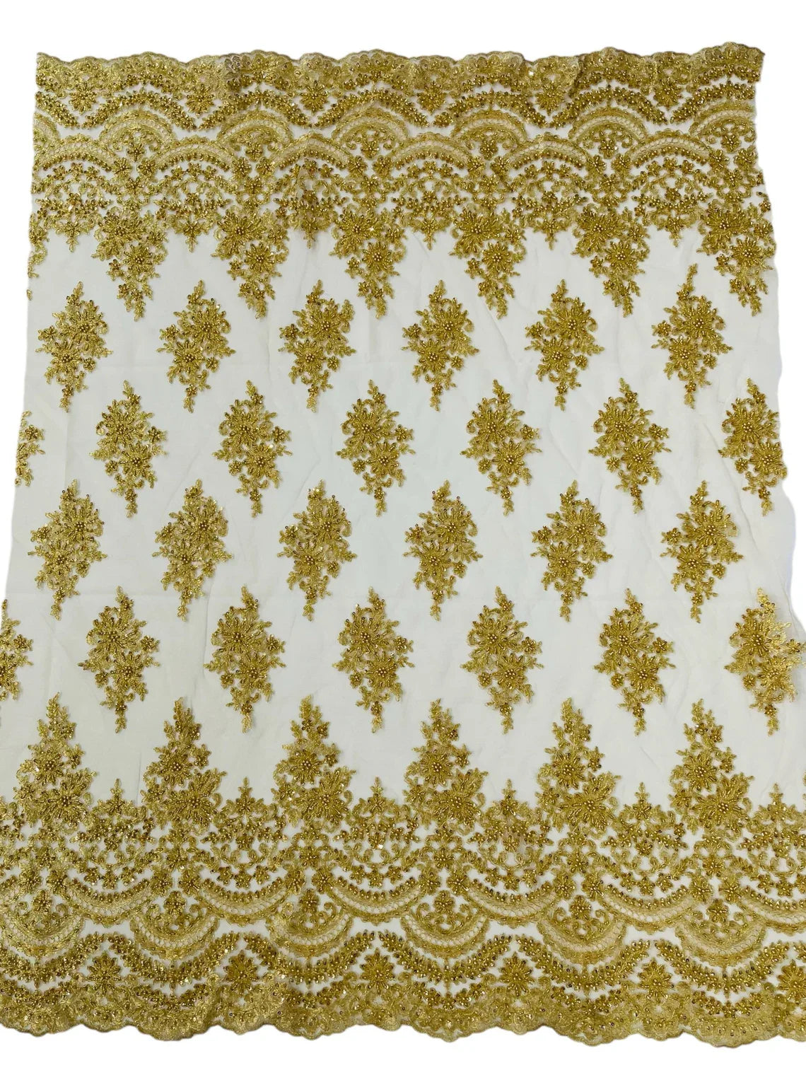 Beaded Flower Cluster Fabric - Metallic Gold - Embroidered Beaded Fancy Border Floral Fabric Sold By Yard