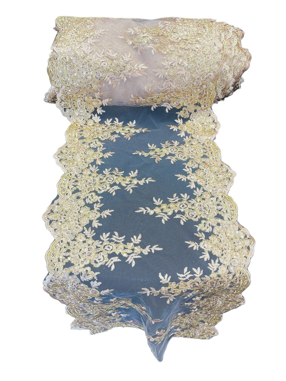 Flower Cluster Lace Sequins Table Runner - Metallic Gold / Skin Mesh - Floral Lace Table Runner Sold By Yard