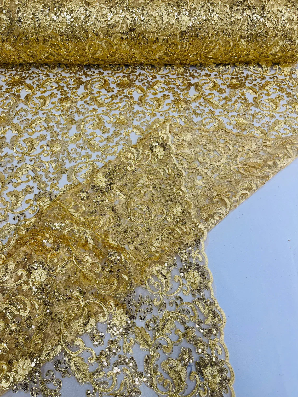 Metallic Floral Lace Fabric - Gold - Embroidered Sequins Floral Design Sold By Yard