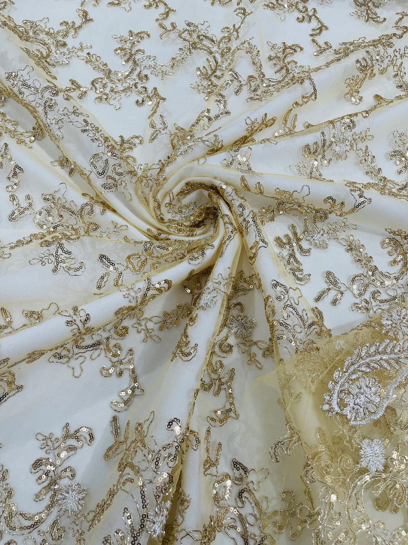 Floral Sequins Lace Fabric - Metallic Gold - Embroidery Flower Clusters Design with Shiny Sequins  Fabric Sold By Yard